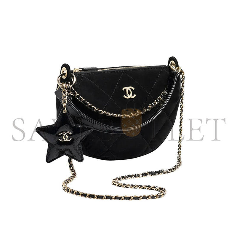 CHANEL MASTER CLUTCH WITH CHAIN BLACK VELVET-EFFECT NYLON SHINY CRINKLED CALFSKIN AS4791 (21*16*5.5cm)